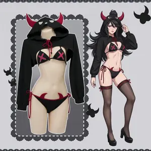 Moeveil Little Devil Bikini + Short Hoodie Lingerie Set: Sexy Strappy Three-Piece Succubus Cosplay Costume, Anime and Manga-Inspired Loungewear