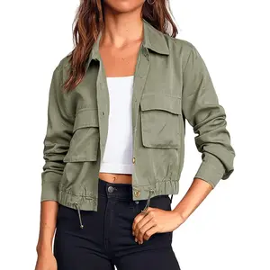 Women's Military Safari Cropped Jackets Button Down Lightweight Oversized Utility Anorak Coat with Pockets