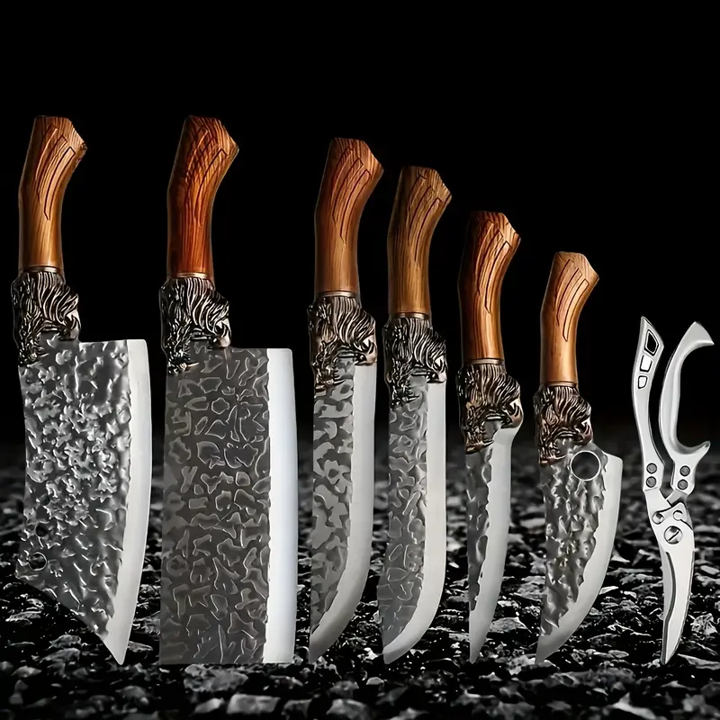 7-Piece Thick Stainless Steel Kitchen Knife Block Set, Kitchenware, Ergonomic Design, Durable Rustproof Scratch-Resistant Sharp Blades, Easy Rinse, Ideal for Home Cooking, Perfect Gift for Halloween & Christmas