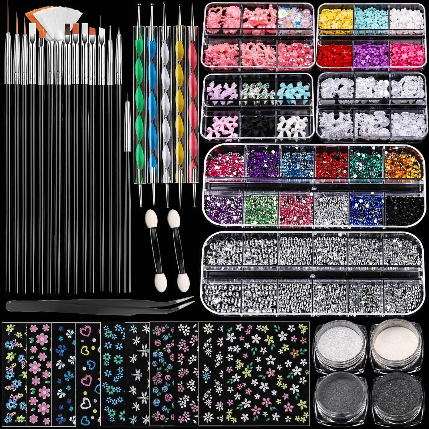 Nail Art Brushes Set, Nail Art Kits, 3D Nail Charms Nail Design Tools Kit, Nail Set   ,Nail Dotting Tool, Nail Rhinestones,Chrome Nail Powder,Nail Stickers Nail Art Decoration Kit