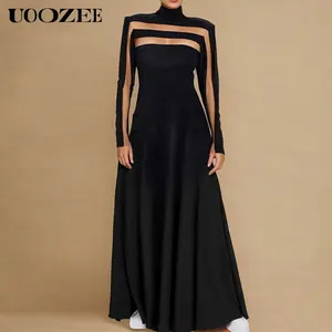 UOOZEE Women's New Mesh Split-Joint Long Sleeves Dress(Stretchy), Solid Black High Neck Draped Floor Length Dress Elegant Party Dresses(Smaller Bust Fit - Check Size Guide or Order)