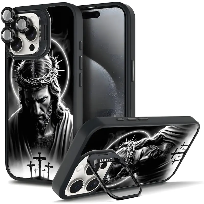 Religious Themed Magnetic Metal Lens Frame Phone Case with TPU, Camera Protector & Anti-Drop Corners - Artistic, Tough, Durable, Fashionable Full Protection Bracket Stand for iPhone 17/Air/16/15/14/13/12/11 Pro Plus Max (11X-L0556)