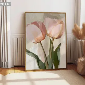2D Flat, 1pc Unframed Soft Pink Tulips Wall Decor, Botanical Brushstrokes Canvas Painting, Pastel Floral Art Art Prints Poster, Retro Wall Art, Classic Wall arts Decorations, Modern Posters, Home Decor, For Living Room, Bedroom, Bathroom, Frameless