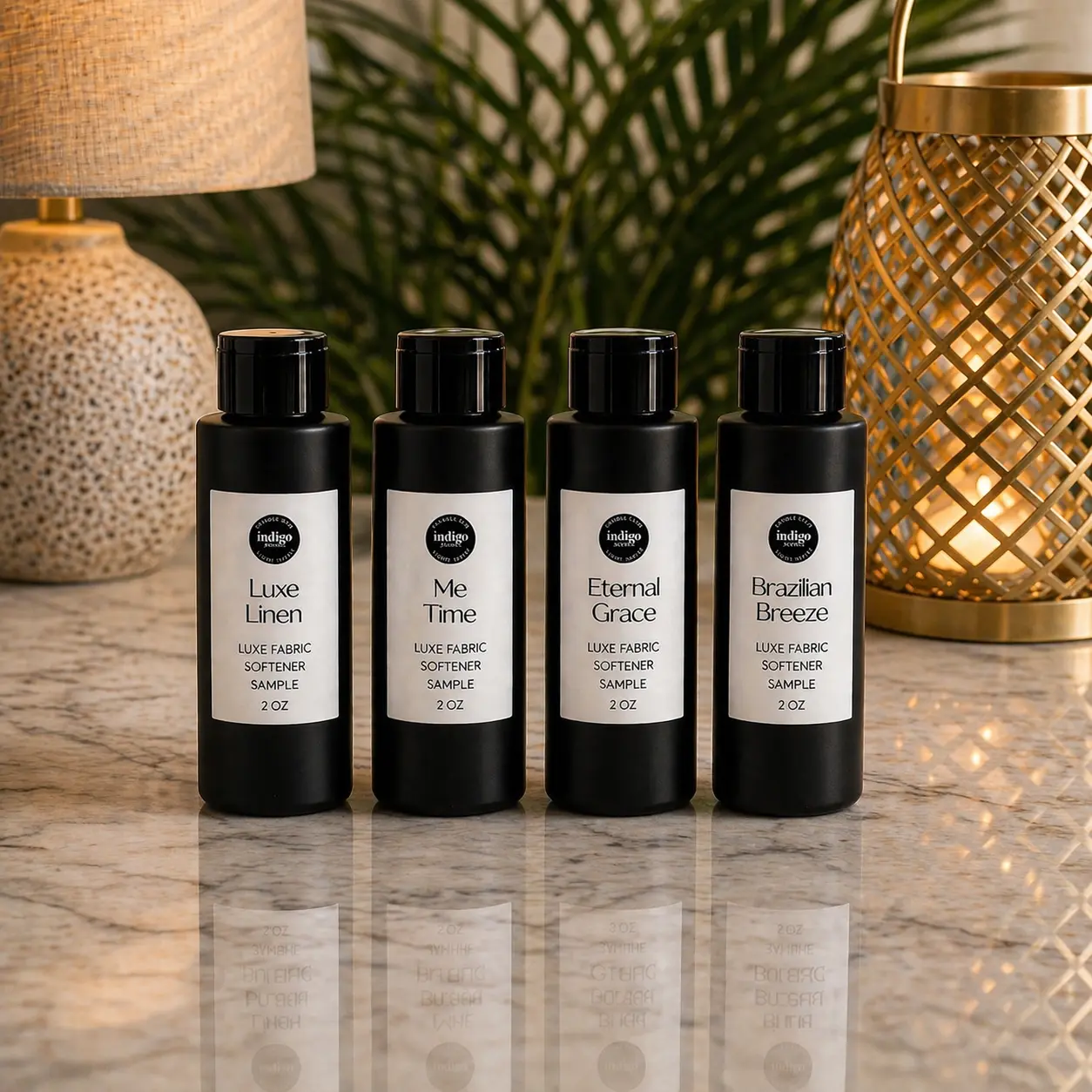 Luxe Mini Scented Fabric Softener Discovery Set - 4 Signature Perfume & Indigo Scents Fragrances, Smooth, Anti-Static, Dye-Free, Eco-Friendly Mini Bottles Fabric Conditioner Home Care Supply