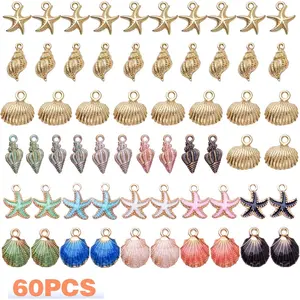 60 pieces of alloy shell pendant jewelry with themes of starfish, conch, and marine life, suitable for DIY earrings, necklaces, bracelets, keychains