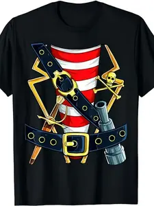 Men's & Women's Pirate Buccaneer Costume T-Shirt - Retro Pirate Ship & Treasure Map Print, Heavyweight Short-Sleeve Round Neck Shirt for Halloween, Pirate Parties & Role-Play - All-Season Apparel 220G