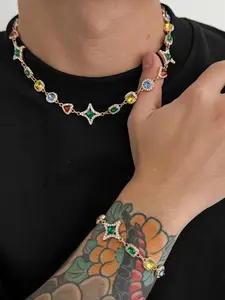 CRUSH CR Retro Rainbow Gem Star Hip Hop Jewelry Set for Men Women, Choker Bracelet with Mix-Shape Color Stones, Iced Out Star Charms for a Bold Vintage Vibe, Perfect for Hip Hop Shows, Streetwear Fits, 90s/2000s Parties Urban Fashion