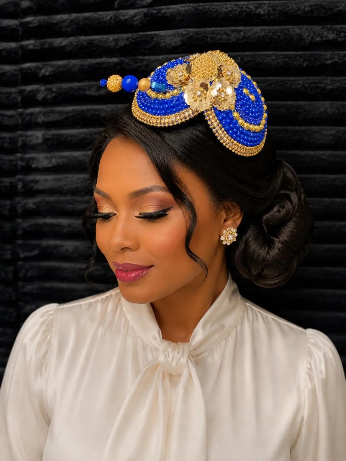 Royal Blue & Gold Luxury Fascinator Hat – Handmade Church Hat for Women – Elegant Derby Headpiece – Wedding, Tea Party Special Occasion