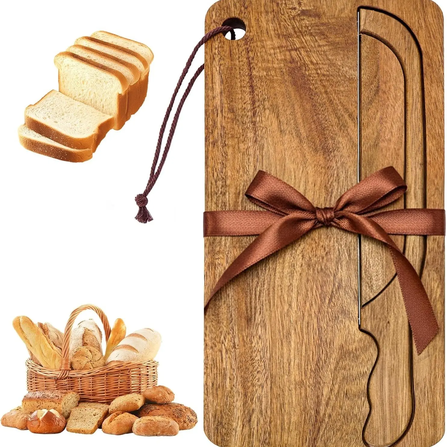Wooden Bread Slicing Set with Arc Handle Knife, Adjustable Thickness, Ideal for Homemade Bread, French Baguettes, Artisanal Loaves, Bakeware, Baking Tools, Baking Supplies