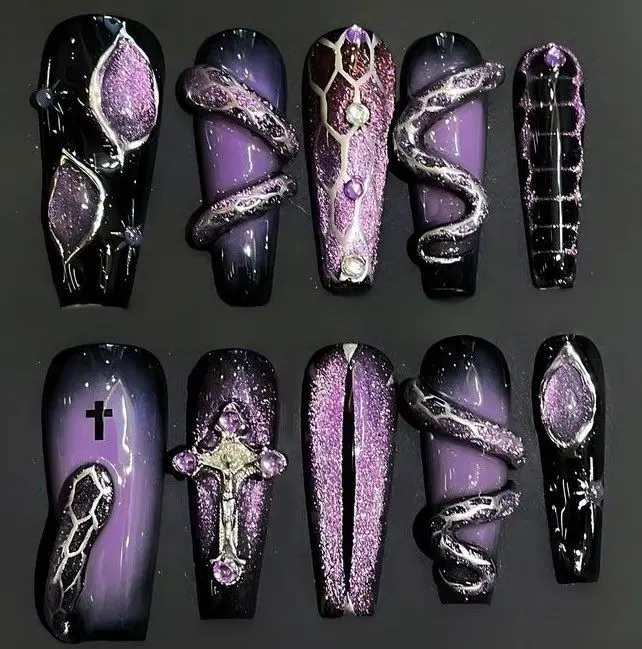 Gothic 3D Handmade Press-On Nails, Dark Purple Snake Design Luxury Long Coffin Fake Nails with Cross Charms Full Set