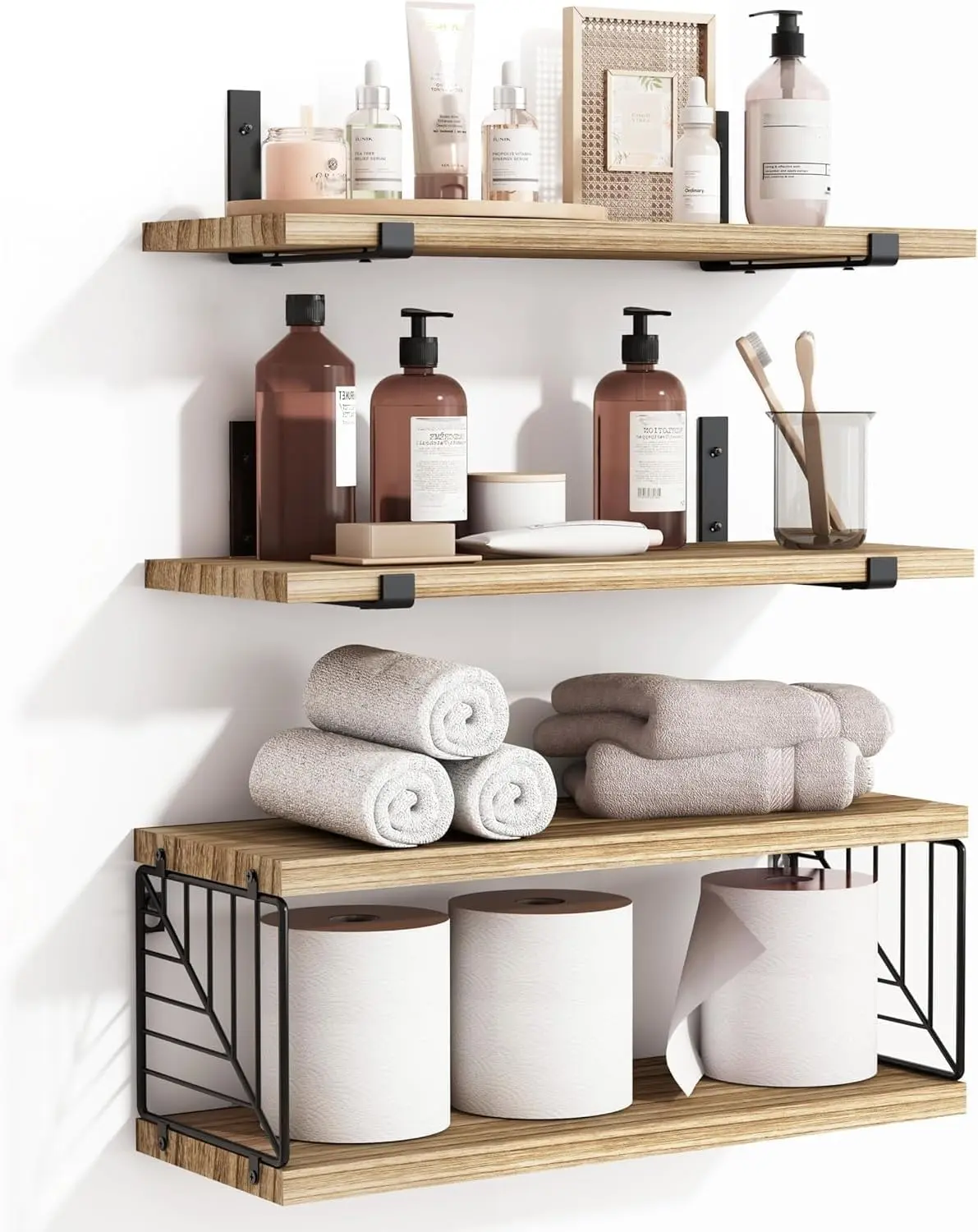 Fixwal 3+1 Tier Bathroom Floating Shelves Over Toilet 15.8in Farmhouse Rustic Wood Shelves Wall Decor for Bathroom Living Room Bedroom and Kitchen Rustic Brown