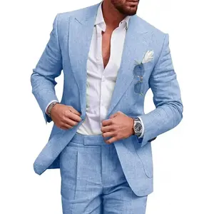 Men Suits 2 Piece Casual Summer Beach Men Suits Wedding Grooms Jacket Pants Suit Set Menswear Blazer Formal Beige(Sheet)