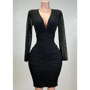 BIRDIE BLACK MESH RUCHED BODYCON V-NECK MIDI DRESS