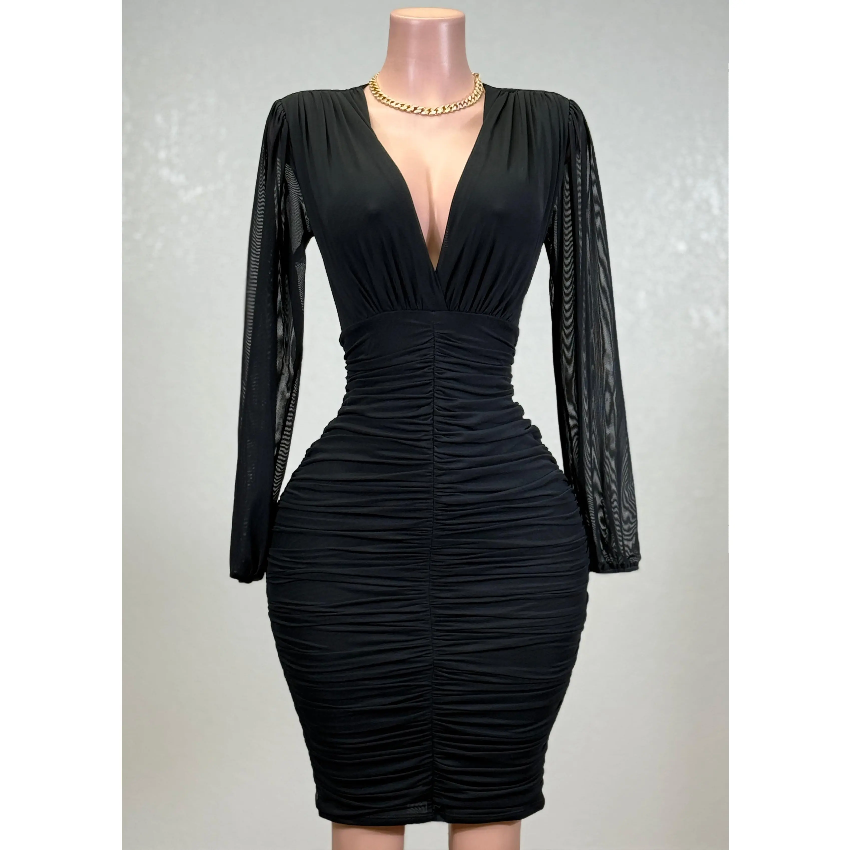 BIRDIE BLACK MESH RUCHED BODYCON V-NECK MIDI DRESS
