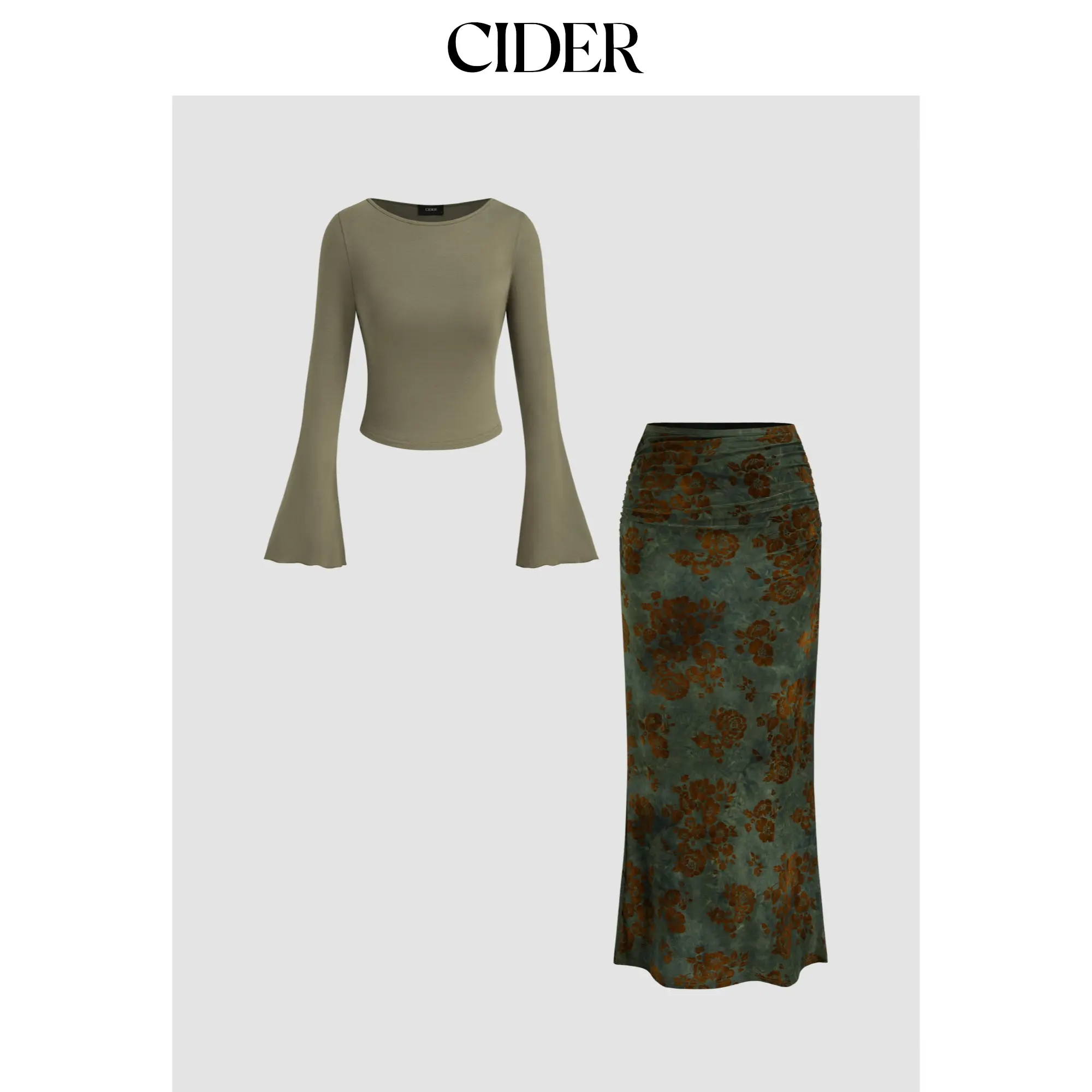 Cider [size 0-10] Boat Neck Long Sleeve Top & Mid Rise Floral Ruched Maxi Skirt Set