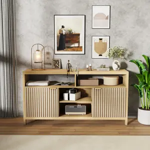 59" Modern TV Stand, Large Entertainment Center with Fluted Door & Open Shelves, Wood Media Console Storage Cabinet for TV