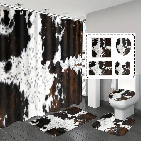 1/4-Piece Cow Print Decorative Western Shower Curtain Set with Bath Mat, Contour Rug, Toilet Lid Cover, and 12 Hooks, Aesthetic Bathroom Decor