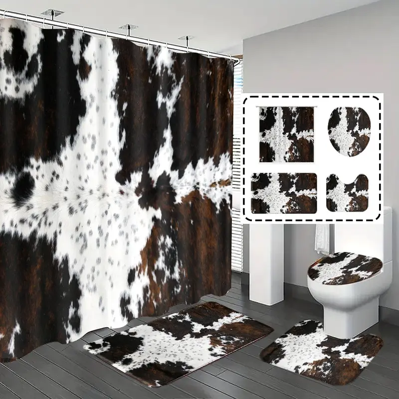 1/4-Piece Cow Print Decorative Western Shower Curtain Set with Bath Mat, Contour Rug, Toilet Lid Cover, and 12 Hooks, Aesthetic Bathroom Decor
