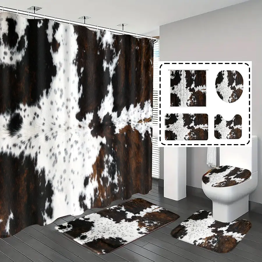 Popular Choice 1pc/4pcs, bathroom, Restroom shower curtains, Decorative Shower Curtain, Aesthetic Shower Curtain, shower curtain sets, bathroom decor, rug, mat, home decoration, Cow Pattern, Animal Pattern, with 12 hooks