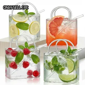 26oz Handbag Shape Glass Cup, Juice Drink Cocktail Glass, Includes Straw, Perfect for Juices, Tea, Flowers, Elegant Design, Drinkware