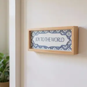360 Stand Blue & White Geometric Wood Framed Wall Art, 5x12 in. Christmas "Joy To The World" Artwork, Wall-Mounted Holiday Decor, Festive Home Gift, Decoration