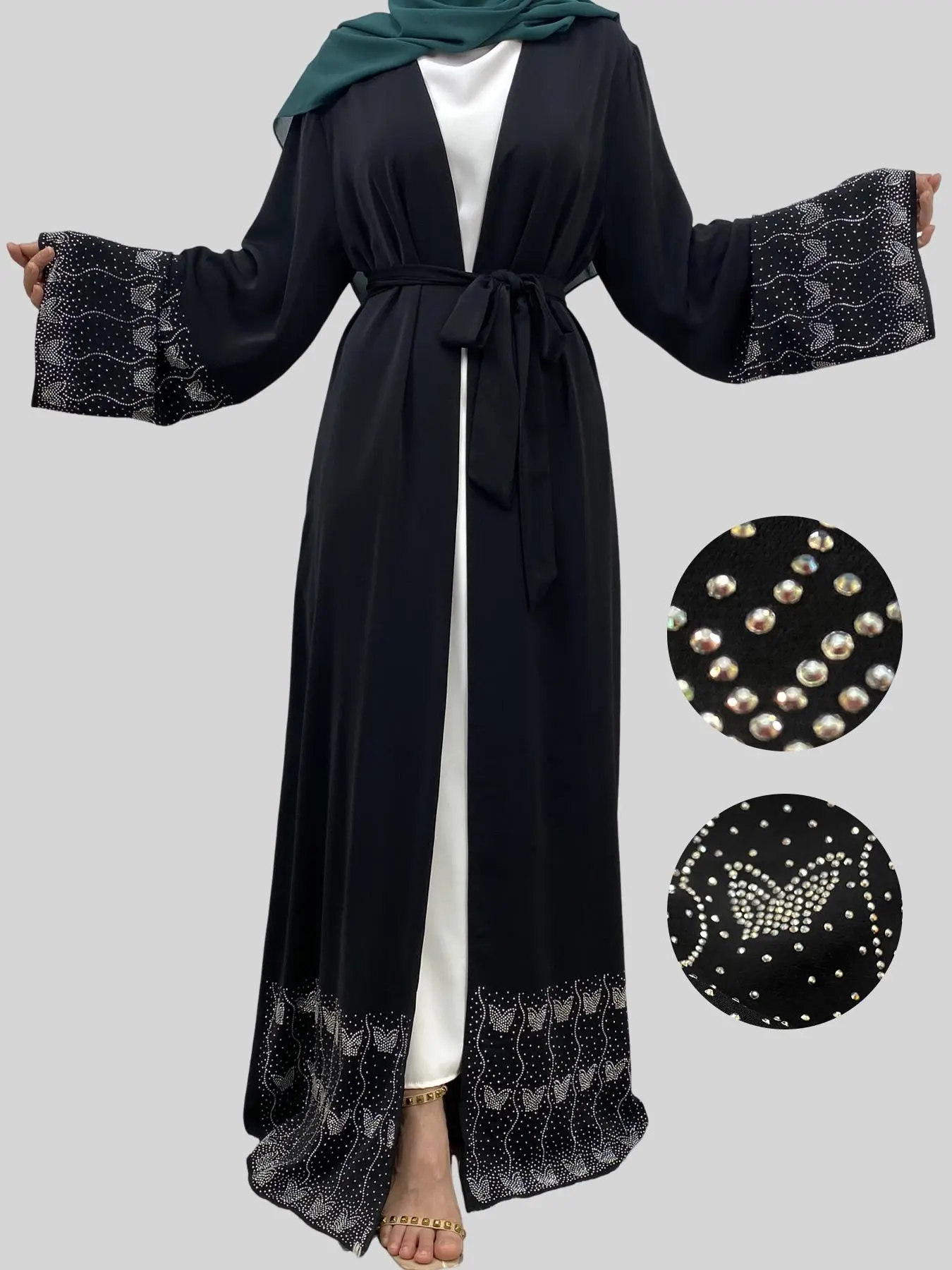 Women's Rhinestone Decor Open Front Belted Abaya without Hijab, Modest Long Sleeve Round Neck Abaya for Daily Wear, Ladies Islamic Clothing for All Seasons, Modesty Abaya