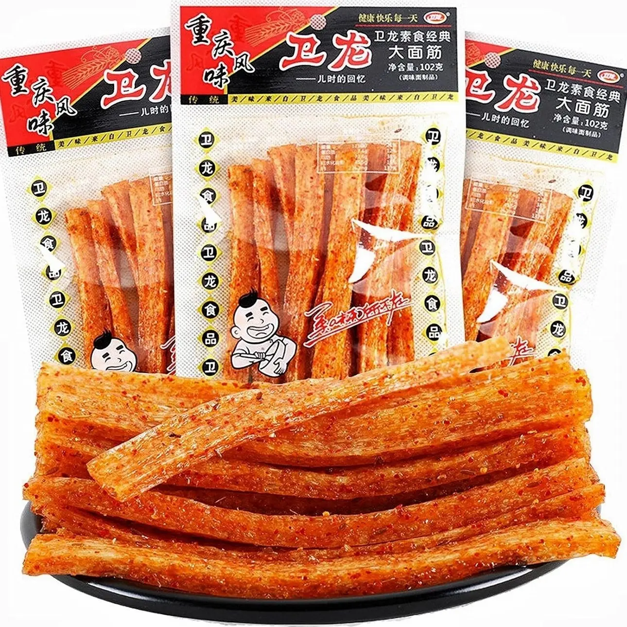 NERSQELX Spicy Strips - Spicy Gluten Latiao, Chinese Special Casual Snack Food, Made From Wheat / Chili / Spice, Low Sugar and Low Calories, Best Vegan, 102g (Pack of 3)