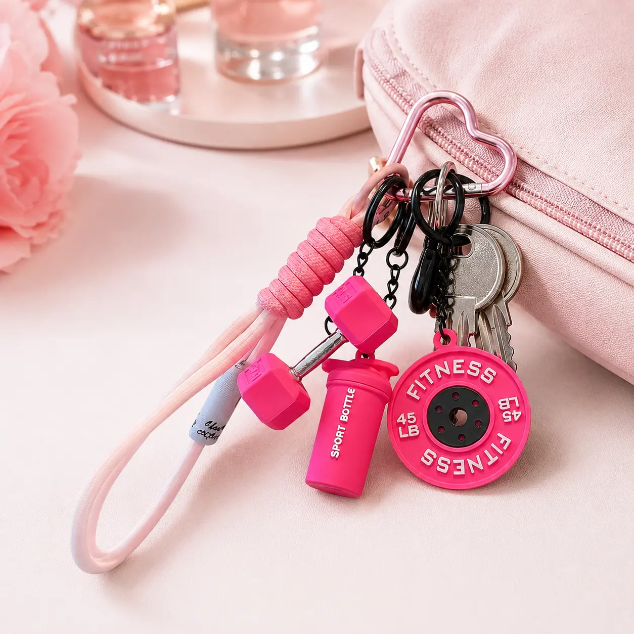 Keychain Fitness Accessories Set, Cute Workout-Themed Mini Dumbbell & Weight Plate Charms for Bags and Keys - Trendy Gift for Fitness Enthusiasts, Basic, Cute Workout Theme, Fitness Lover Gift