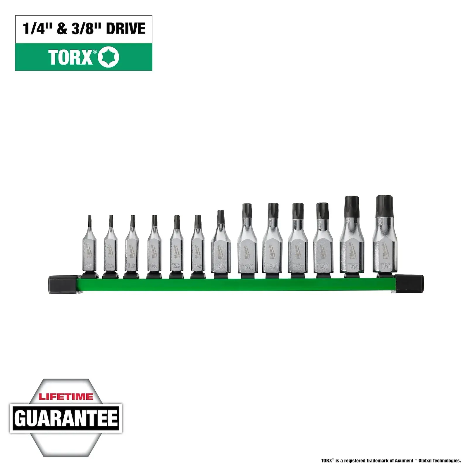 Milwaukee 48-22-9532 13PC Torx Bit Socket Wrench Set - 1/4" & 3/8" Drive, Chrome Plating, 4 Parallel Flat Sides, 1-Piece Design, Slim Profile, Anti-Roll Flats, Laser-Marked ID, Storage Rail, Slim Tight Access, Tight-Space Fit