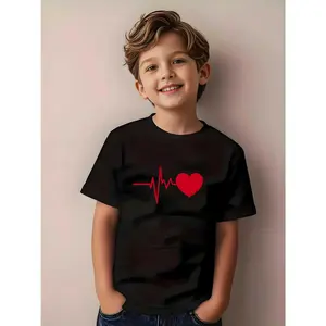Boys' Valentine'S Day Heartbeat Pattern T-Shirt | Casual Short-Sleeve Crew Neck, Machine Washable, White with Red Heart Design