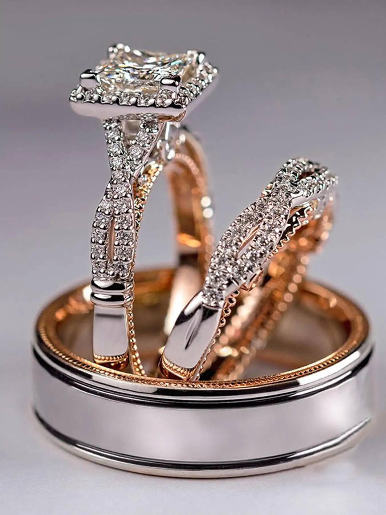 Luxury Engagement Ring Set, Rhinestone Decorated Ring Set, Fashion Accessories for Women & Men, Trendy All-match & Exquisite Jewelry for Birthday Gift