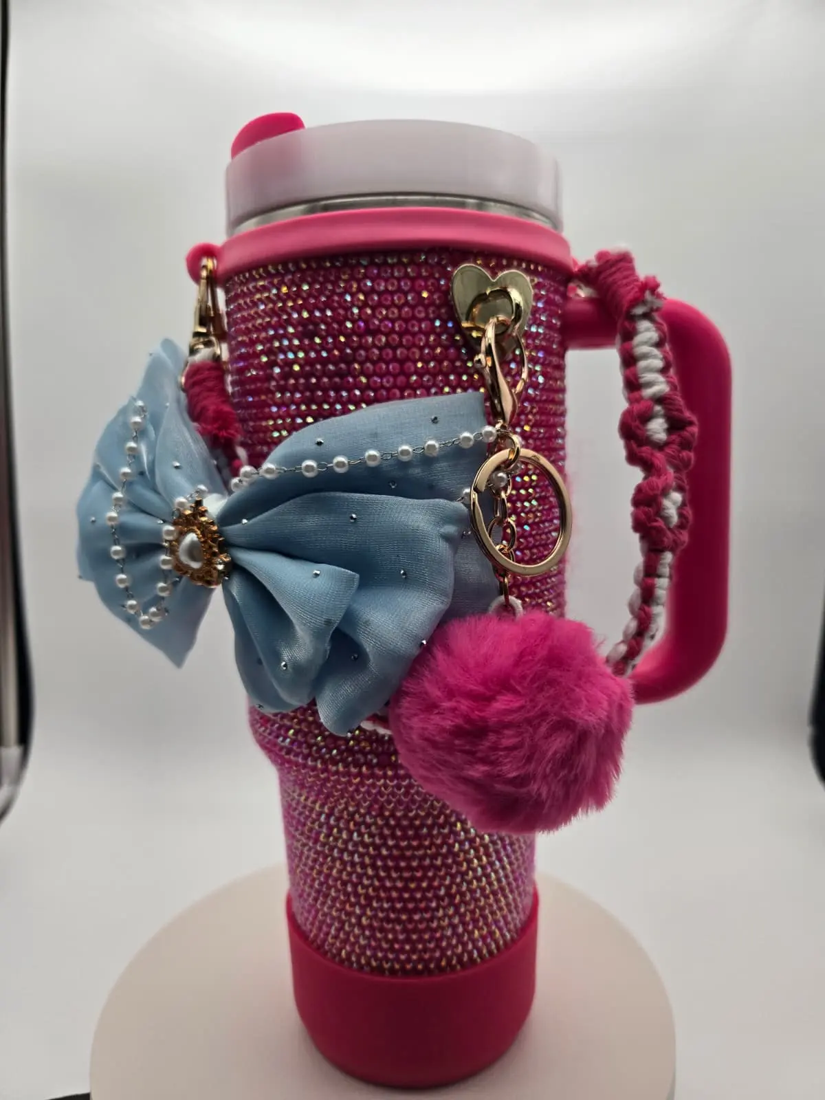 Glittering Travel Mug with Bow, Heart, and Pom-Pom Accent