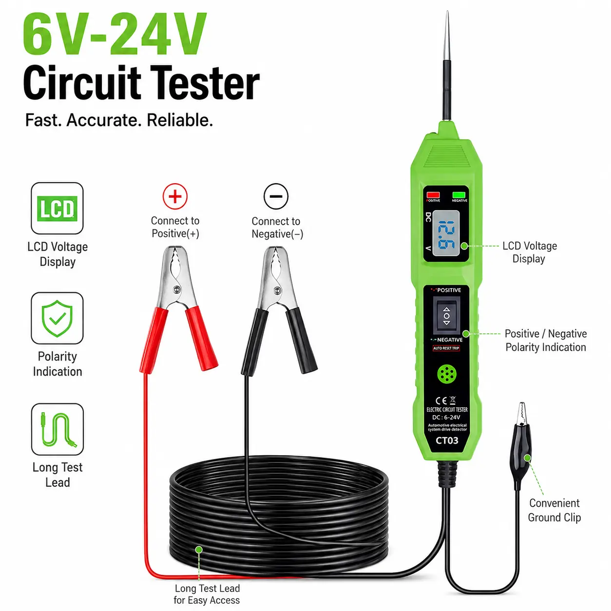 6V-24V Automotive Circuit Tester with LCD Display, Digital Voltage and Polarity Test Probe, Long Test Lead, Red/Black Battery Clips and Ground Clamp for Car Electrical Diagnostics