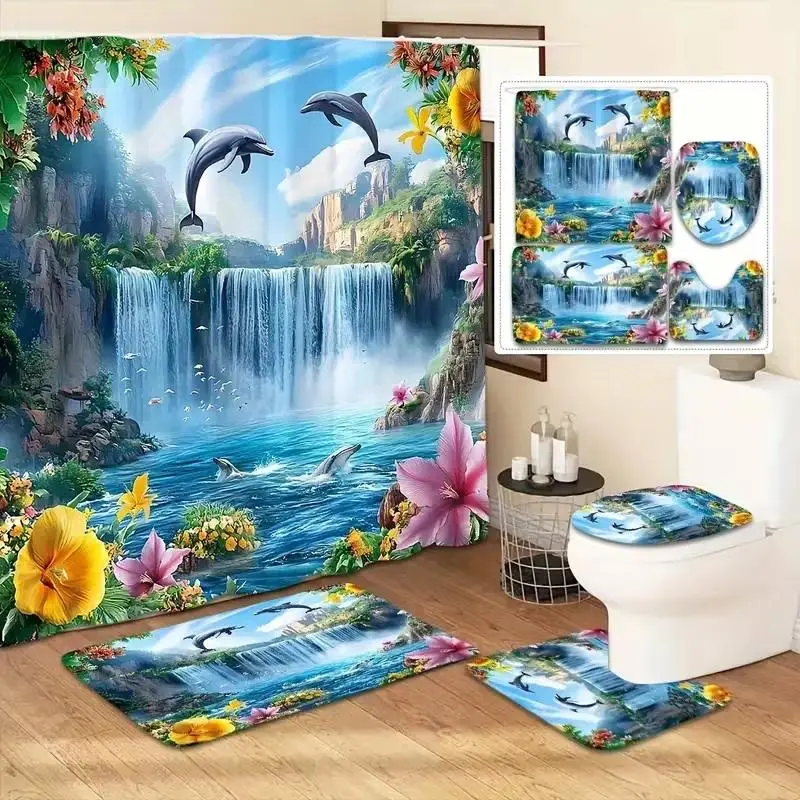 1/4pcsCreative Shower Curtain Bathroom, Restroom Decor Set with Dolphin and Waterfall Pattern. Includes shower curtain, toilet seat cover, rectangular bathroom mat, and U-shaped mat. Perfect for bathroom decorating
