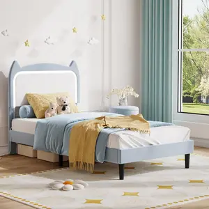 GAOMON Twin Upholstered Bed Frame withCute Cat Headboard, Velvet Princess Platform Bed Frame with Sturdy Wood Slats Support for Girls/Kids, No Box Spring Needed, Blue