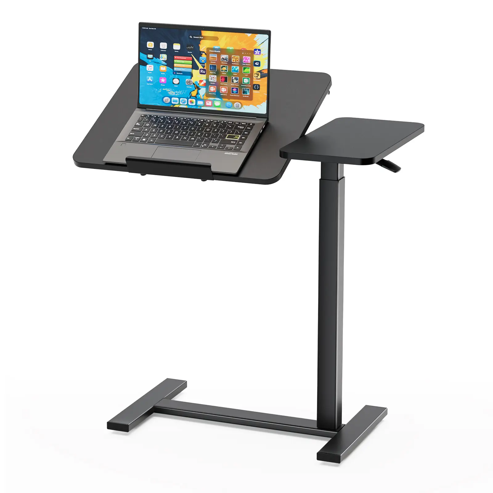 Overbed Table with Wheels, Pneumatic Lift and Tilting Top (Black) | Height Adjusts 24.4–42.9 In, Desktop Tilts 0°–70° With Hidden Casters, Headphone Hook Adjustable Overbed Table with Wheels, Mobile Rolling Laptop Desk, Tilting Bedside Table