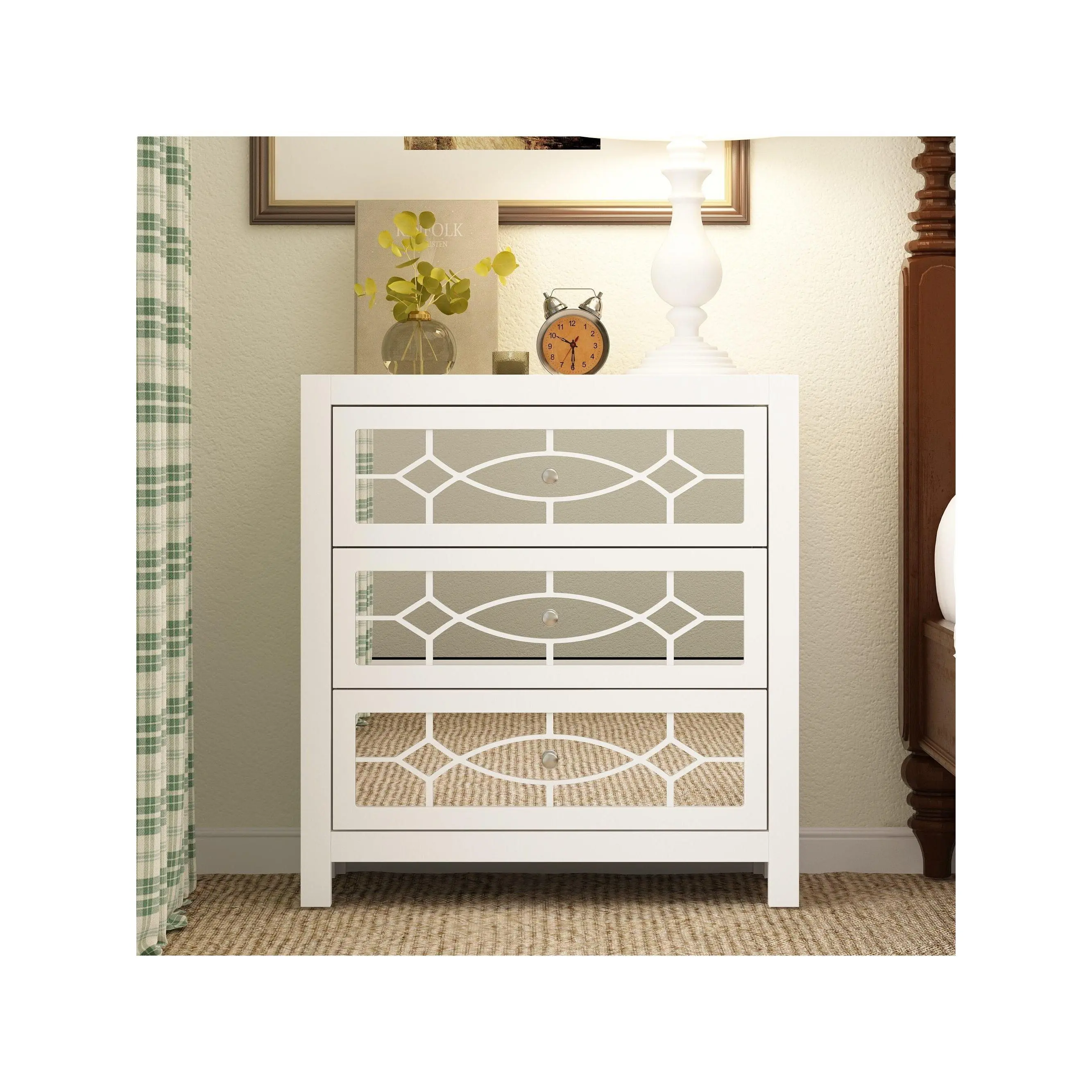 Nightstand Bedside Table Mirrored Cutout Chest Beside Table Furniture Drawer