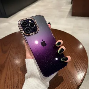 Luxury Gradient Glitter Bling Purple Phone Case for IPhone 11 12 13 14 15 16 Pro Max Plus Transparent Soft Shockproof Cover