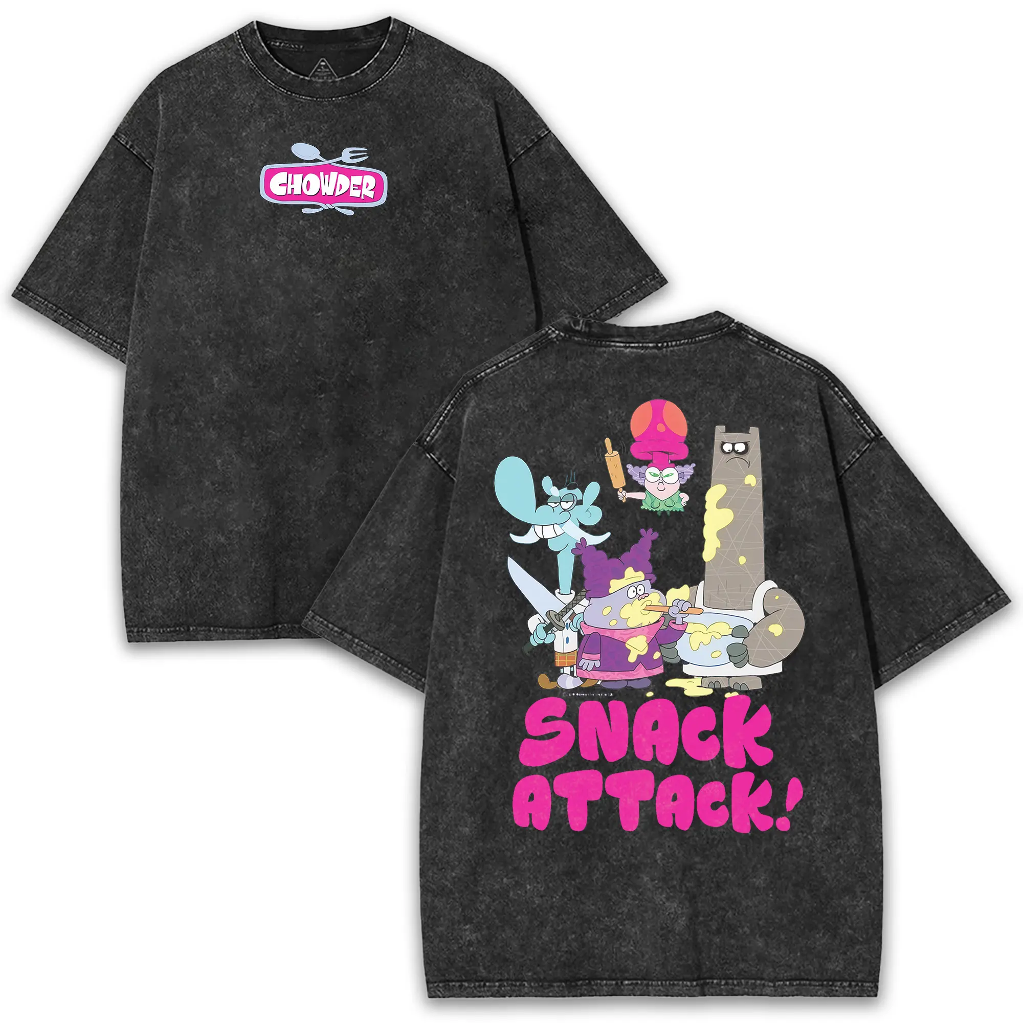 chowder 260GSM Washed Oversized Tee – Dual-Sided Cartoon Print Featuring Whimsical Art Style, Heavy Cotton Build and Vintage Streetwear Aesthetic Menswear Top Basic Dress