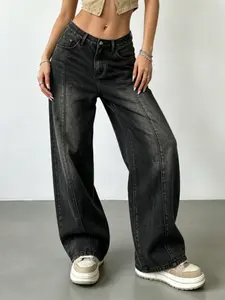 High-Waisted Wide-Leg Jeans, Fabric, Casual Style, Loose-Fitting, Zipper Fly, Ideal for Spring Summer, Perfect for Outing Office Date