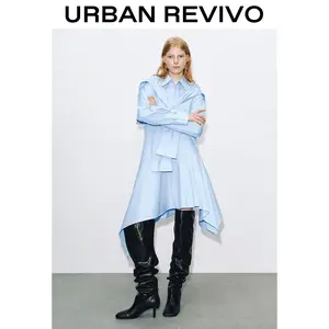 URBAN REVIVO Women's A-Line Maxi Dress - Long Sleeve, Scarf Decor, Irregular Hem, Elegant, Fashionable, Comfortable, 2025 Trending Women's Clothes, Outfits Inspo, Casual Wear, UWJ750086