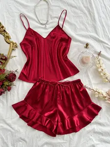 Women's V-Neck Sleepwear Set, Adjustable Thin Straps Top & Ruffled Shorts, Casual Home Wear, Comfortable Nightwear