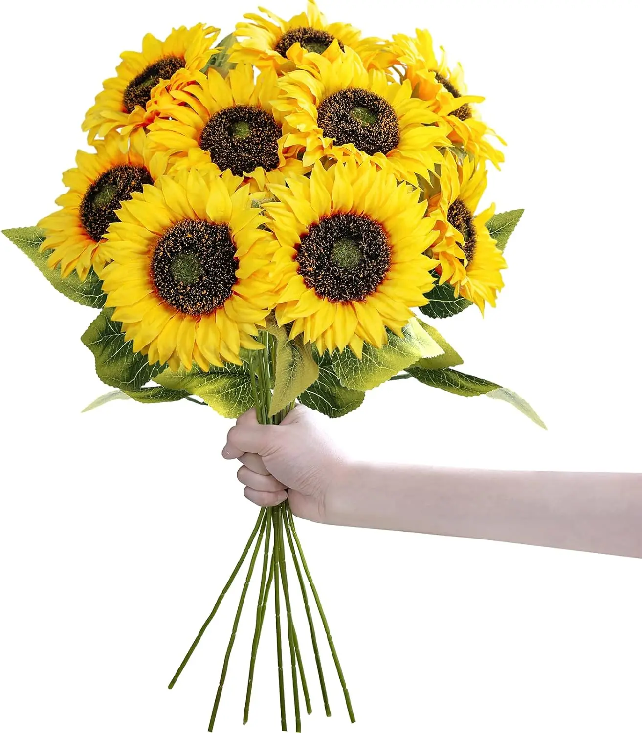9Pcs Long Stem Realistic Silk Artificial Sunflower Decorations (Dark Center) - Large Yellow Fake Flowers for Home, Party, Gifts, Window Vase Ornaments - Home Improvement Decor
