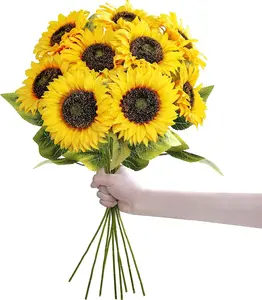 9Pcs Artificial Sunflower Flowers Long Stem Silk Fake Large Sunflowers Decoration for Outdoor Home Wedding Birthday Party Single Bulk Yellow Decor (Dark Center) - Home Improvement.