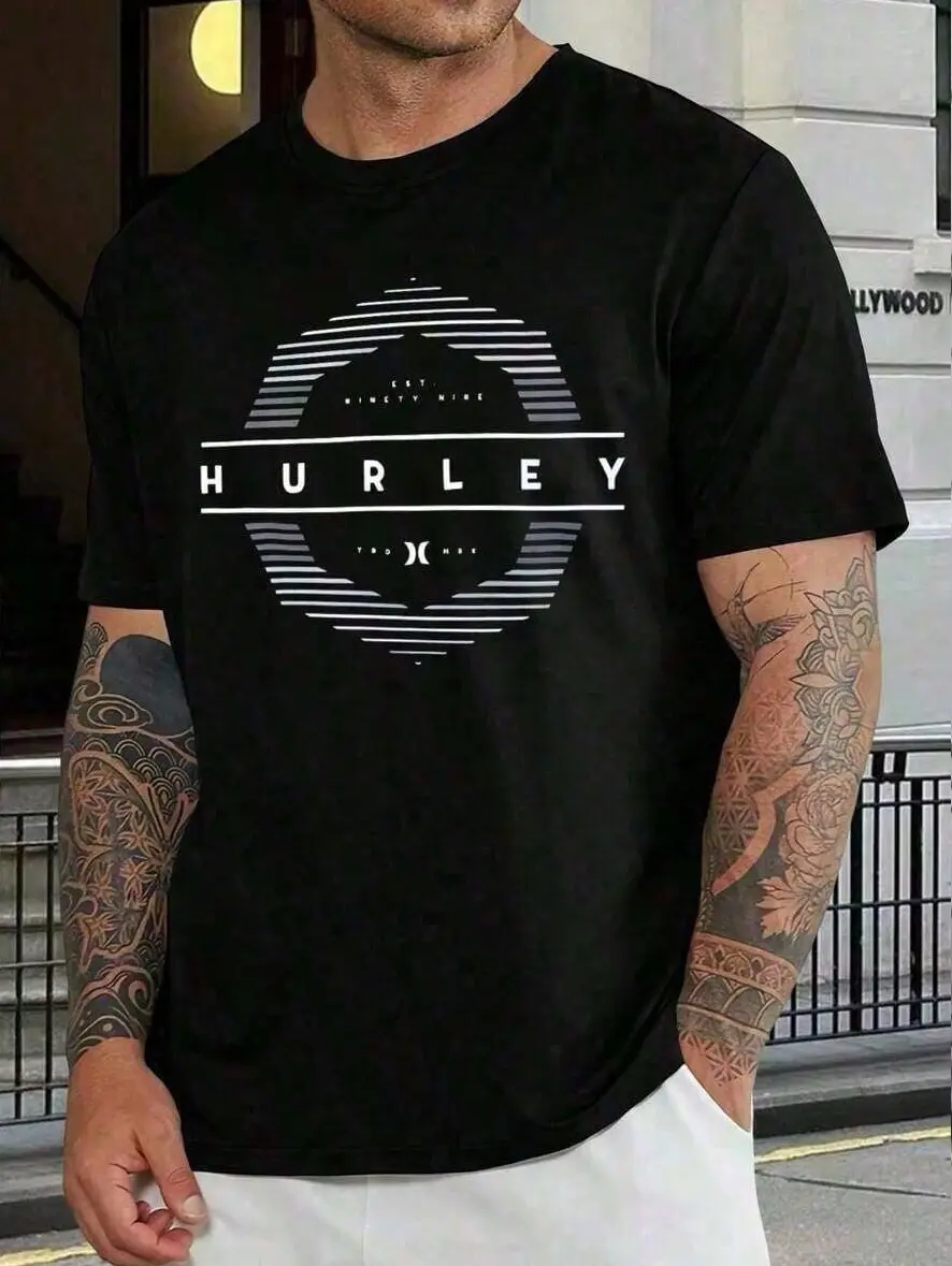 Hurley Men's T-Shirt, Short Sleeve, Black, With Graphic Logo, Casual Surf And Skate Style, Comfortable, Fashion, Summer Top. Loo