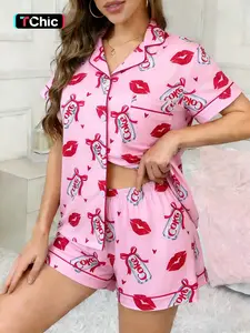Two piece Valentine's Day women's foundation make-up bow soda bottle red lip print red love print pattern short sleeved shorts soft comfortable top small pocket elastic waist women's pajamas set