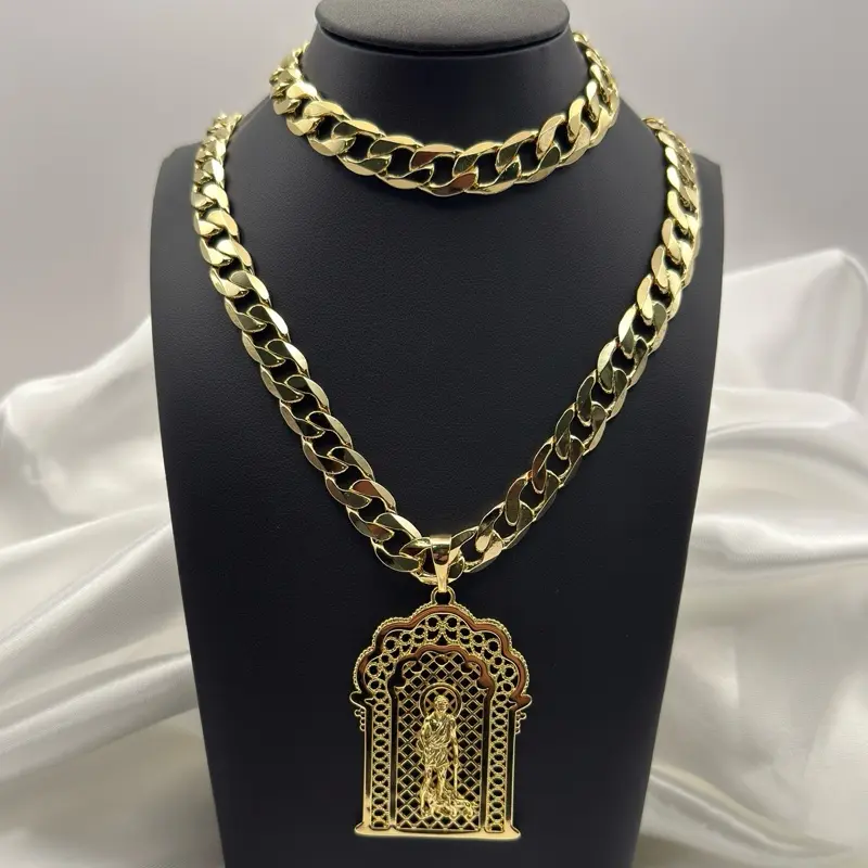 14K Gold Plated Cuban Link Chain Set - 10mm, 27” Chain with Saint Lazarus Pendant, 9” Bracelet