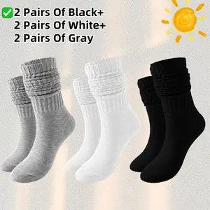 6 Pairs Men's Slouch Crew Socks Retro Solid  calf Socks Chunky Ribbed Cozy Scrunch Socks（2 Black+2 White+2 Gray）