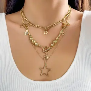 UANEO Gothic Tassel Star Pearl Lasso Y Necklace Set for Women Adjustable Multilayer Hollow Star Pendant Necklace Y2k Metal Chain Bead Star Choker Jewelry