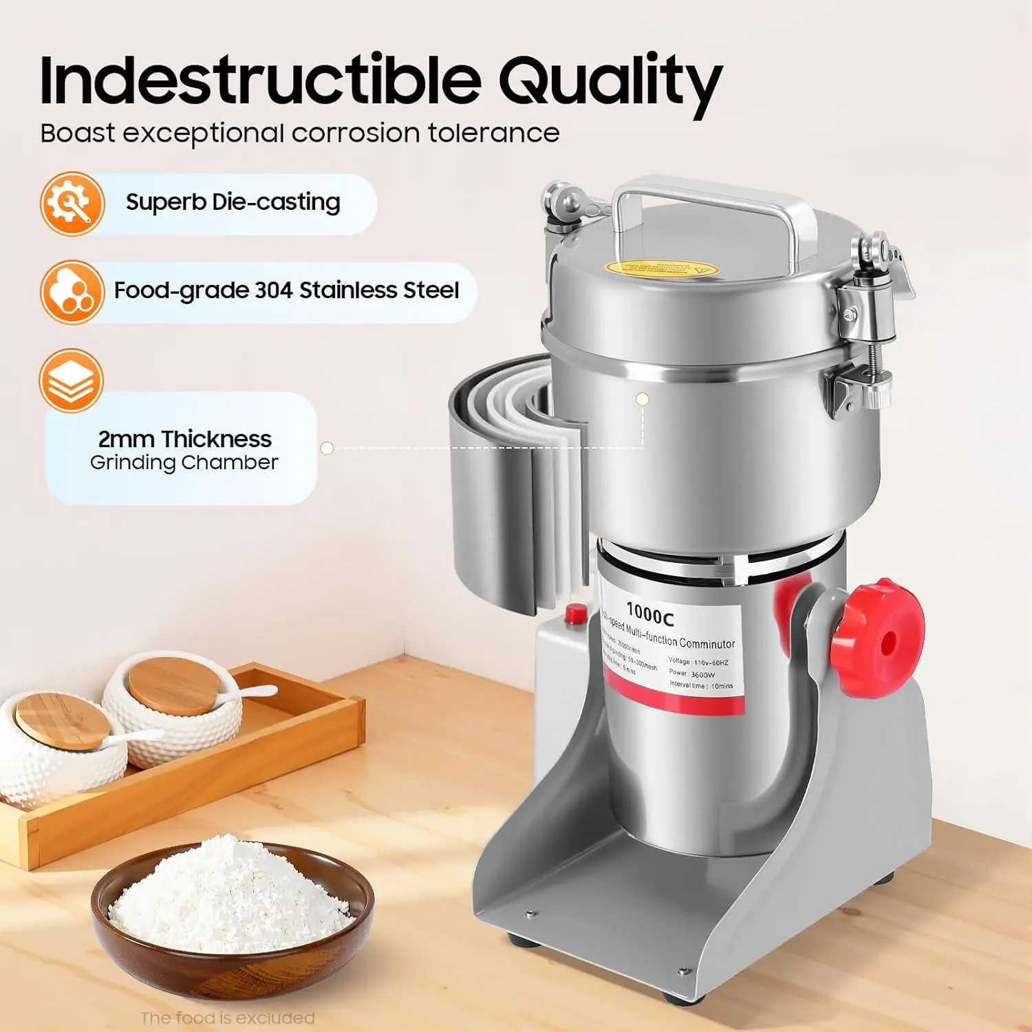 3600W Commercial Electric Grain Mill with 304 Stainless Steel 1000g Grinding Chamber, Sealed Lid, 30000r/min for Herb, Spice, Cereals (Compatible with Kitchenware, Tea & Coffeeware),summerwins
